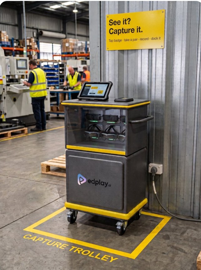Capture trolley with charging smart glasses on a factory floor